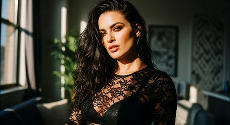 A beautiful woman in a black lace dress standing in a bright roomの素材