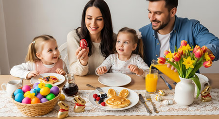 A happy family enjoying a festive Easter breakfast together at homeの素材