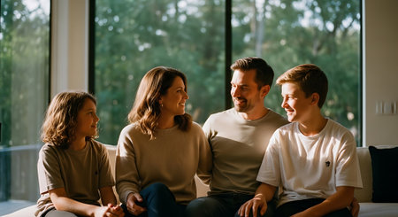 A happy family of four sitting together on a couch in a modern living roomの素材