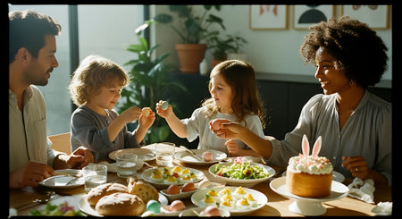 A diverse family with two children enjoying a festive Easter meal togetherの素材