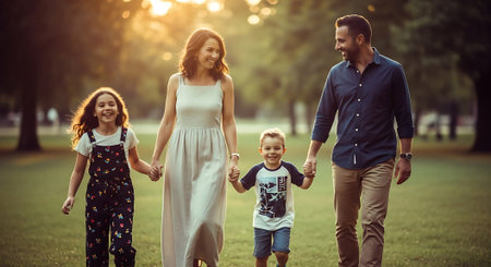 A happy family of four walking hand in hand through a parkの素材