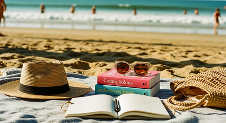 A serene beach scene with a straw hat, books, and sunglasses on a blanketの素材