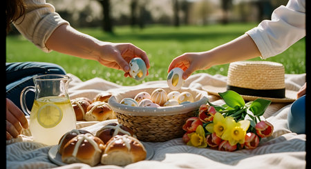 Two people having a picnic in a park with Easter eggs and foodの素材