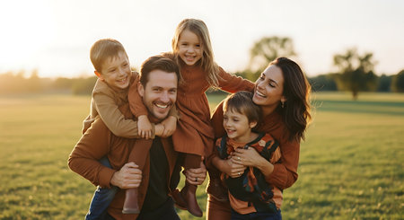 A happy family of five enjoying a playful moment together outdoorsの素材