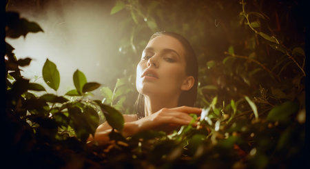 A serene woman surrounded by lush greenery in a peaceful natural settingの素材