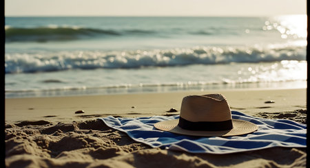A serene beach scene with a straw hat on a blue towelの素材