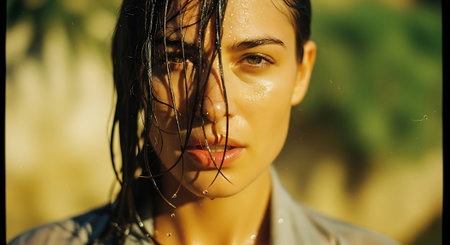 A young woman with wet hair and sweat on her face outdoorsの素材