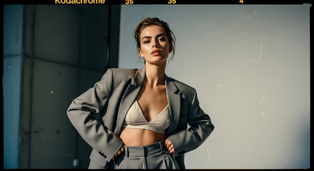 A confident woman in a gray business suit standing in front of a wallの素材