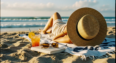 A woman relaxing on a beach with a hat, sunglasses, and a refreshing drinkの素材