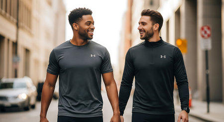 Two men in athletic wear walking down a city street togetherの素材