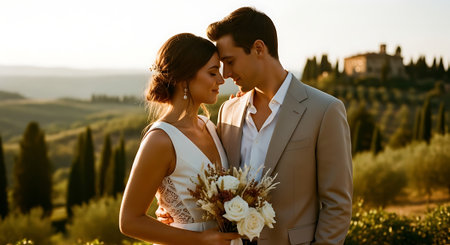 A romantic couple embracing in a picturesque Tuscan landscape at sunsetの素材