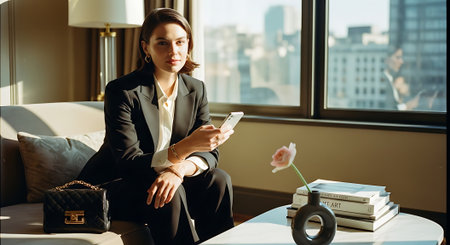 A businesswoman in a black suit sitting on a couch in a modern hotel room with a city viewの素材