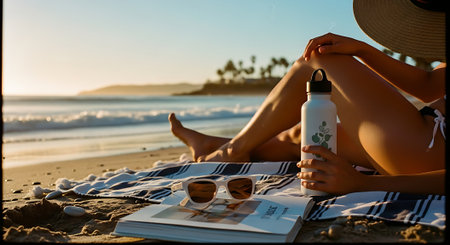 A woman relaxes on a beach with a book and sunglassesの素材