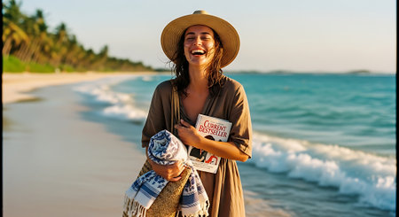 A happy woman in a straw hat stands on a beautiful beachの素材