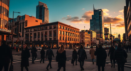 People walking across a city street at sunset with tall buildingsの素材
