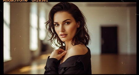 A beautiful young woman posing in a modern room with natural lightの素材