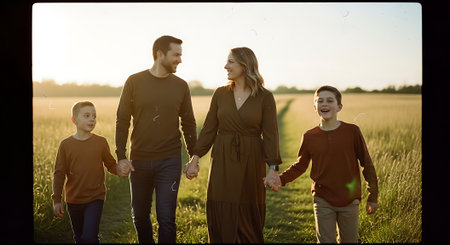 A happy family of four walking hand in hand through a serene fieldの素材
