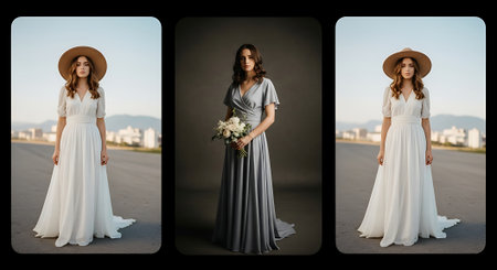 A woman in a white dress and a woman in a gray dress posing in front of a cityscapeの素材