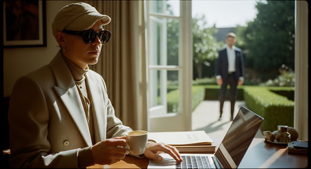 A stylish man in sunglasses works on his laptop at a desk indoors.の素材