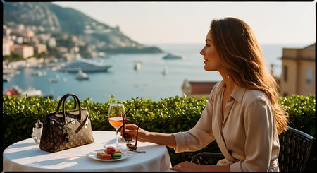 A woman enjoys a glass of wine at a seaside restaurant during sunsetの素材