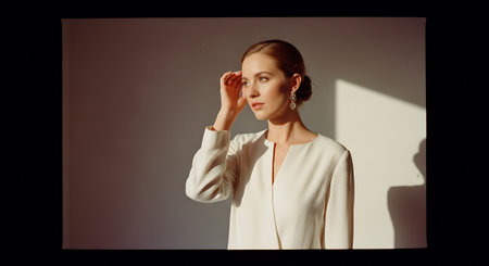 A beautiful woman in a white shirt posing in a studioの素材