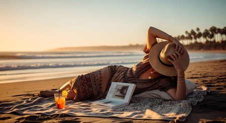 A woman relaxing on a beach with a laptop and drink at sunsetの素材