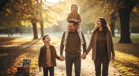 A happy family of four enjoying a walk together in the parkの素材