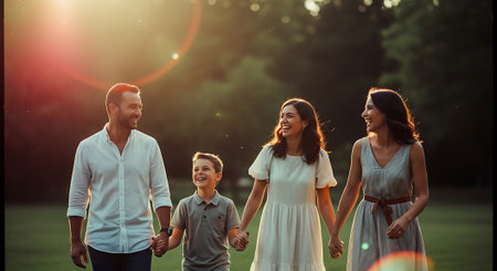 A happy family of four walking hand in hand in a park at sunsetの素材