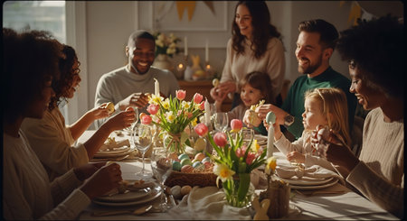 A diverse family enjoying a meal together at a beautifully set tableの素材