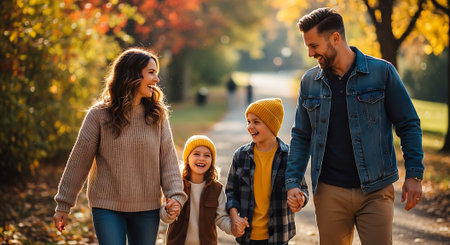 A happy family of four walking together in a park during autumnの素材