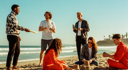 A group of young friends enjoying a sunny day at the beachの素材