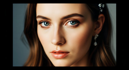 A beautiful young woman with long brown hair and blue eyesの素材