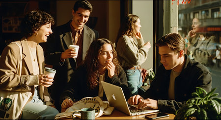 A group of young adults collaborating on a laptop in a coffee shopの素材