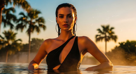 A beautiful woman in a black swimsuit standing in a pool at sunsetの素材
