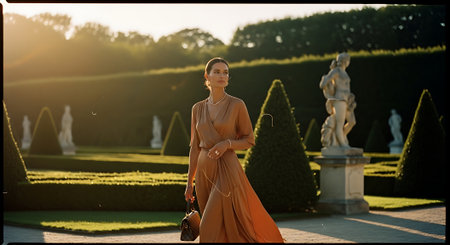 A woman in an elegant orange dress walking through a beautiful garden at sunsetの素材
