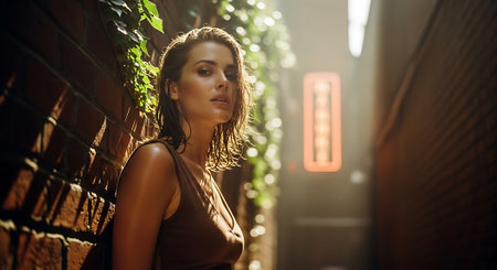 A young woman standing in a narrow alleyway with brick walls and greeneryの素材