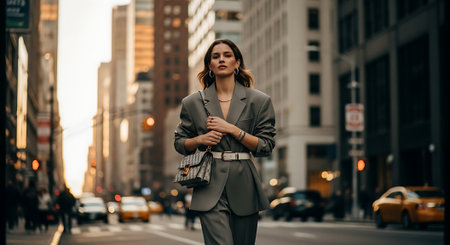 A confident businesswoman walking down a bustling city street in a professional outfitの素材
