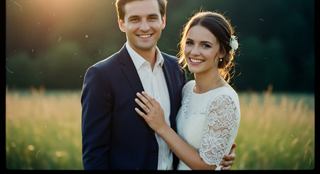 A happy couple embracing in a serene field at sunsetの素材