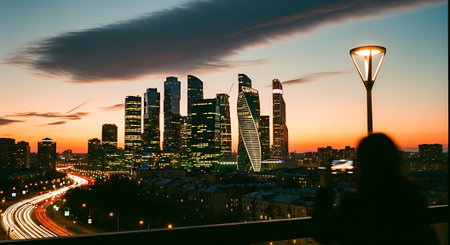 A cityscape at sunset with a silhouette of a person and a streetlampの素材
