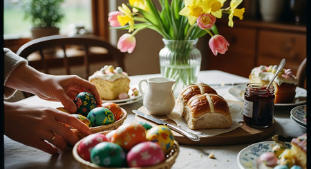 A person decorating Easter eggs on a table with food and flowersの素材