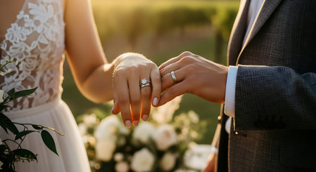 A bride and groom holding hands with wedding rings in a beautiful outdoor settingの素材