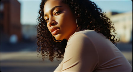 A beautiful young woman with curly hair smiling outdoors in the cityの素材