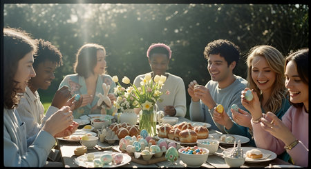 A group of diverse friends enjoying a festive Easter meal outdoorsの素材