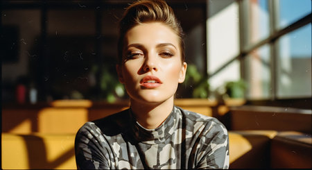 A young woman with a neutral expression sitting in a modern room with large windowsの素材