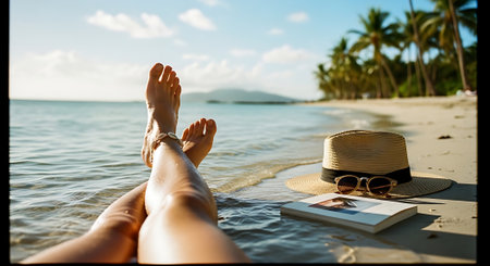 A woman relaxes on a tropical beach with a book and sunglassesの素材