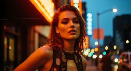 A beautiful woman standing alone on a city street at dusk with neon lightsの素材