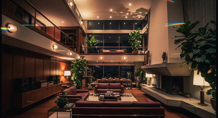 A luxurious hotel lobby with modern decor and high ceilings at nightの素材