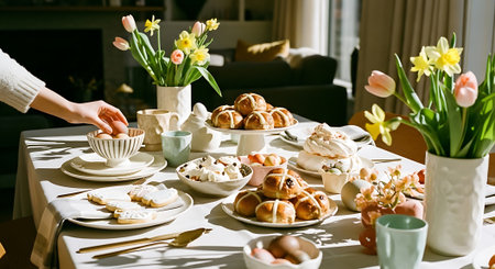 A person setting a beautifully decorated Easter table with flowers and foodの素材