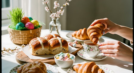 A beautifully set Easter table with pastries and colorful eggsの素材