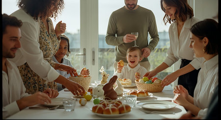 A happy family gathered around a table for a festive Easter celebrationの素材